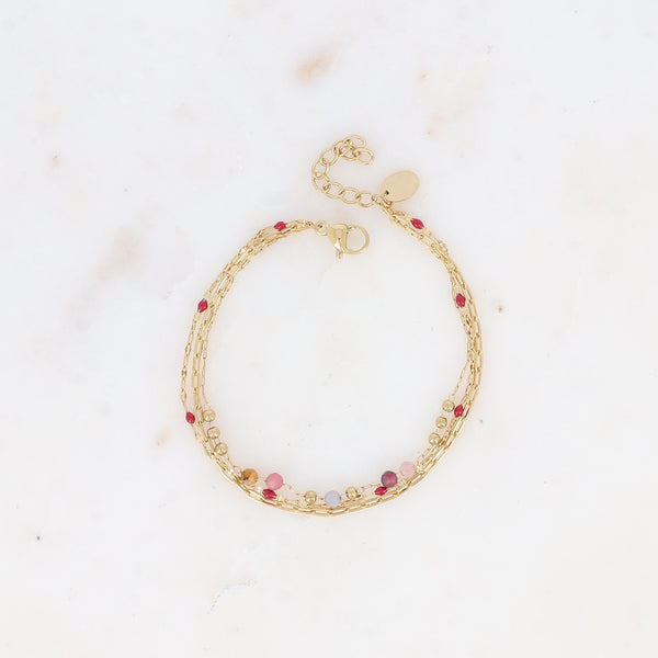 goudkleurig 3 in 1 armbandje met fijne bordeaux mineralen | stainless steel