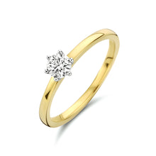 Afbeelding in Gallery-weergave laden, geel gouden ring met diamant 0.20 crt gezet in wit gouden 6 poot chaton