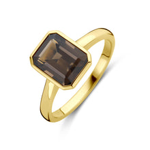 Afbeelding in Gallery-weergave laden, echt gouden ring met grote baguette geslepen rookkwarts| 14 krt geel goud
