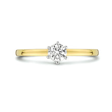 Afbeelding in Gallery-weergave laden, geel gouden ring met diamant 0.20 crt gezet in wit gouden 6 poot chaton
