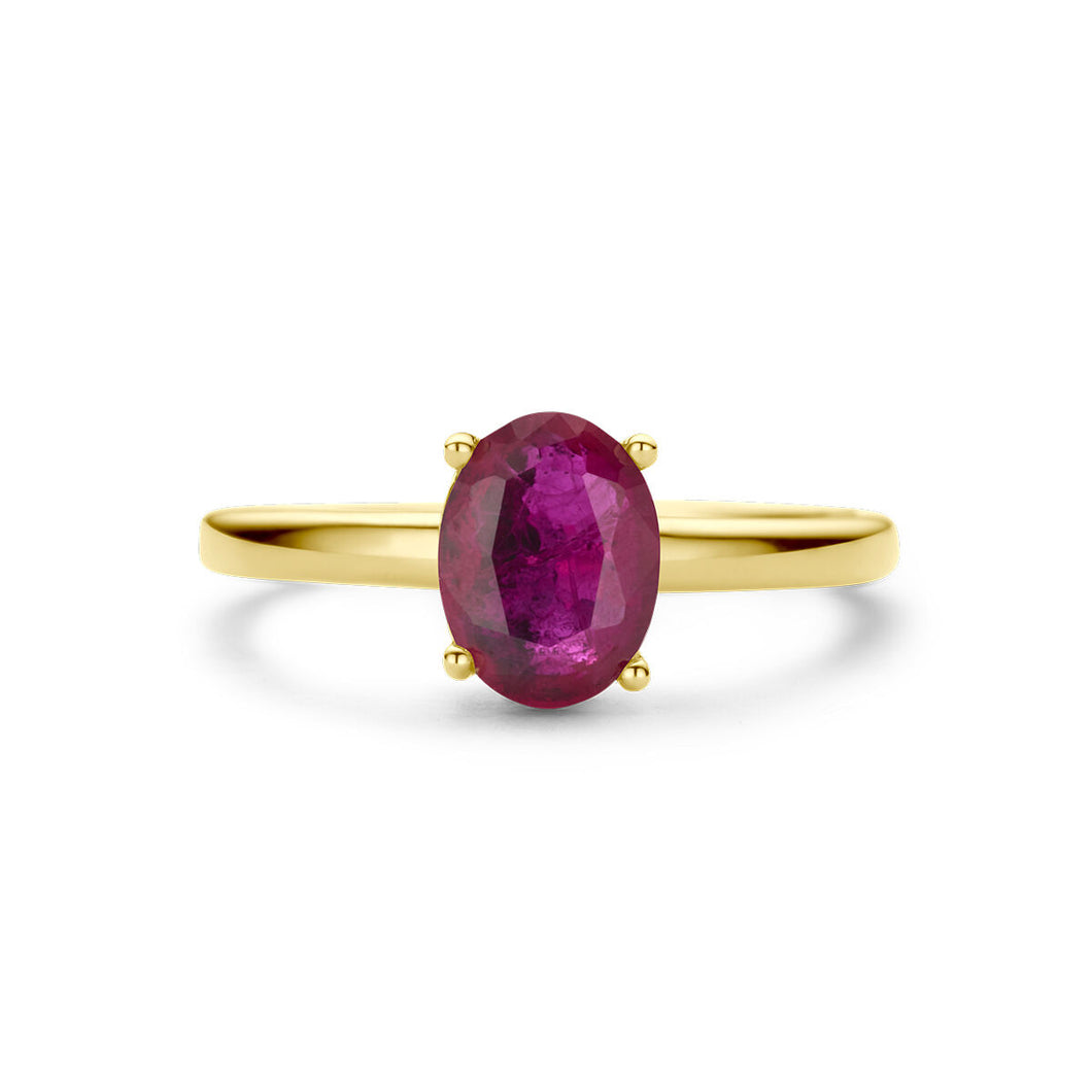 echt gouden ring met ovale robijn | 14 krt geel goud