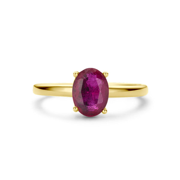 echt gouden ring met ovale robijn | 14 krt geel goud