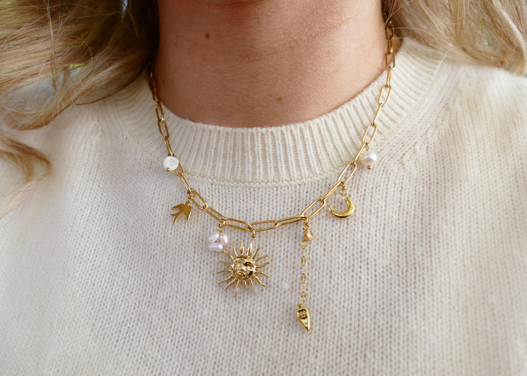 goudkleurig schakel collier met bedels  🌙 ✨ stainless steel