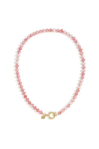 fel roze kralen collier met groot goudkleurig slot