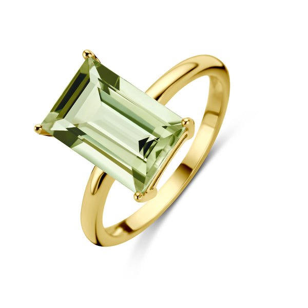 echt gouden ring met grote baguette geslepen groene amethist | 14 krt