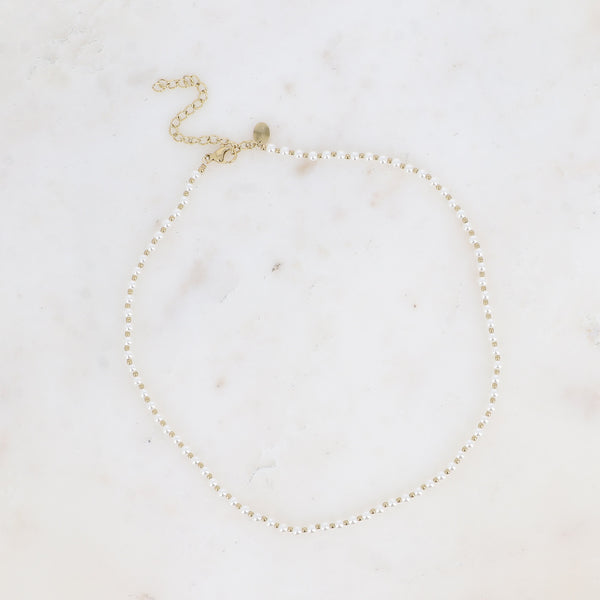witte pareltjes met goudkleurige bolletjes collier stainless steel