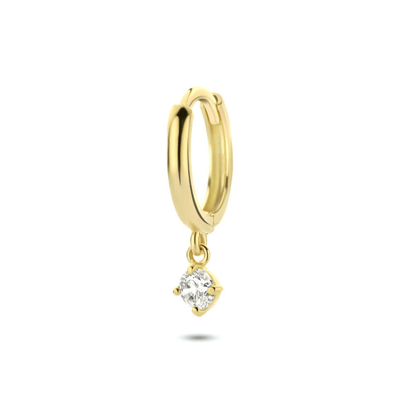 geel gouden klap oorring met witte zirkonia hanger 14 krt geel goud 11 mm | per stuk