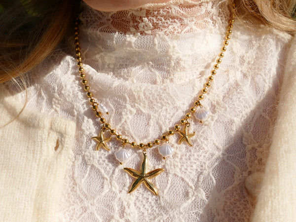 goudkleurig bolletjes collier met bedels stainless steel