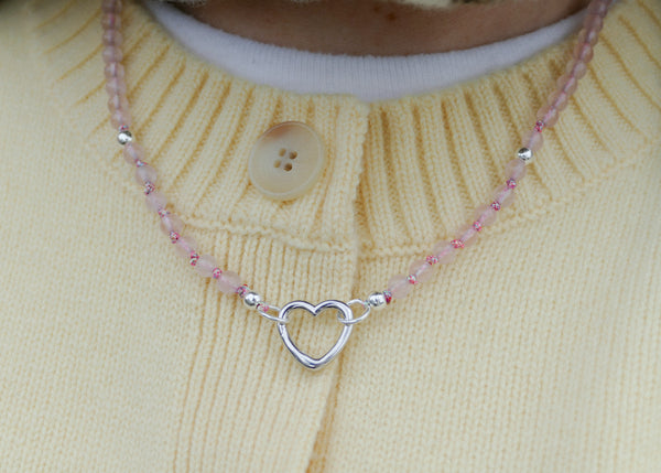 rosequarts collier met echt zilveren hartvormige connector