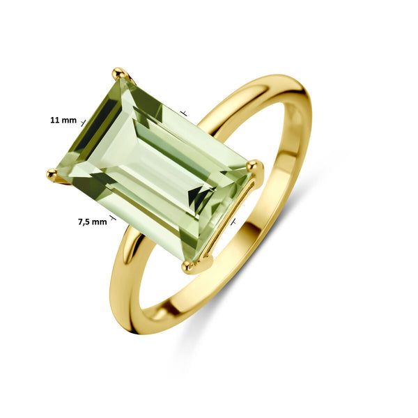 echt gouden ring met grote baguette geslepen groene amethist | 14 krt