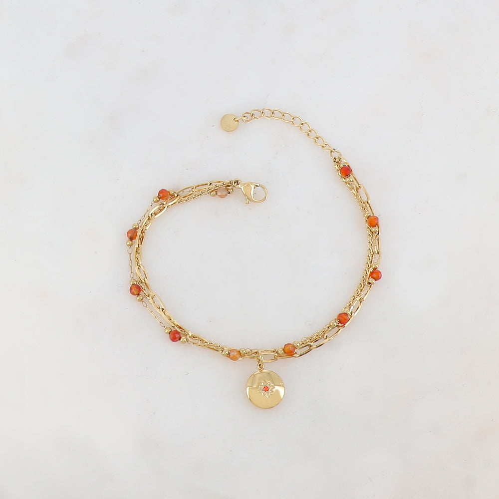 goudkleurig driedubbel armbandje met oranje kraaltjes | stainless steel
