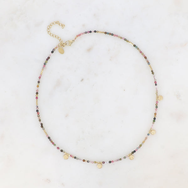 fijn collier van toermalijn mineralen met accenten van stainless steel