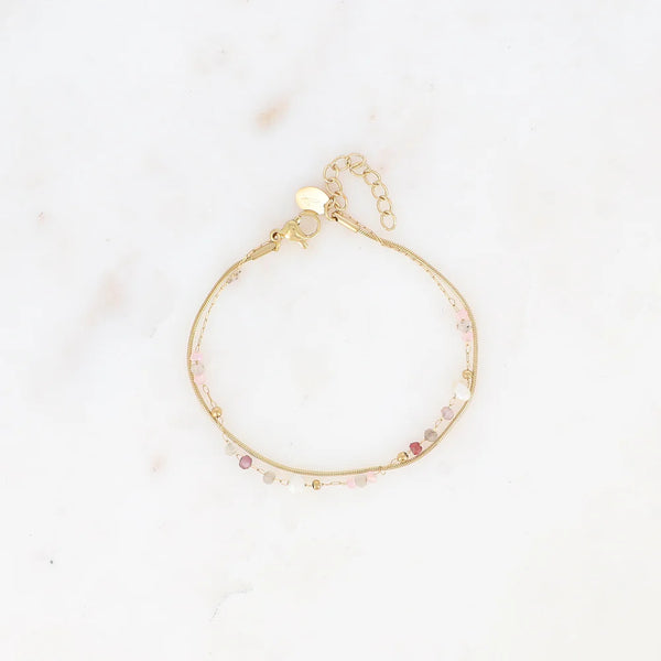 dubbel armbandje met roze mineralen en witte pareltjes | stainless steel