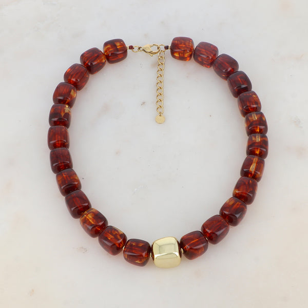 statement collier van warm bruine resin vierkante kralen