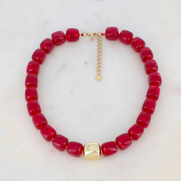cherry red statement collier van vierkante resin kralen