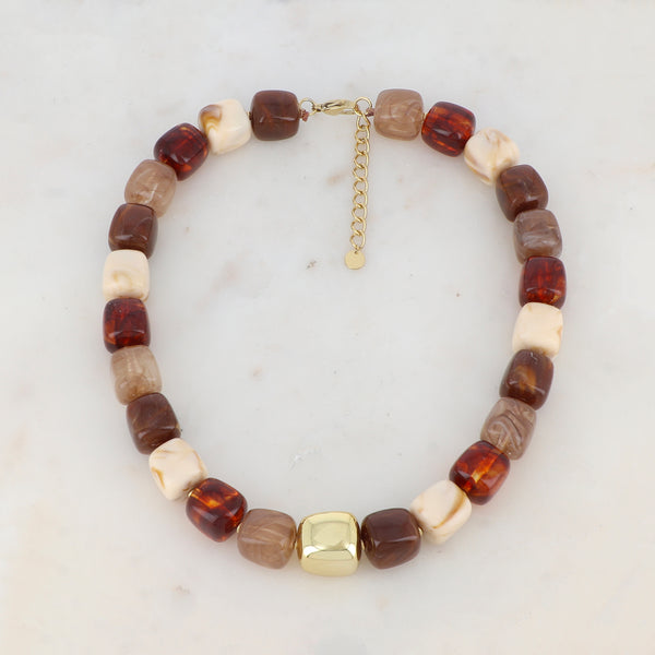 statement collier van bruine multi gekleurde resin vierkante kralen