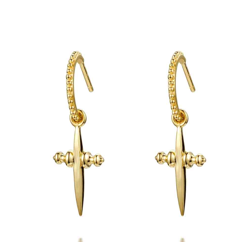 smalle bolletjes oorringen met zwaard hangers | echt zilver + laagje goud