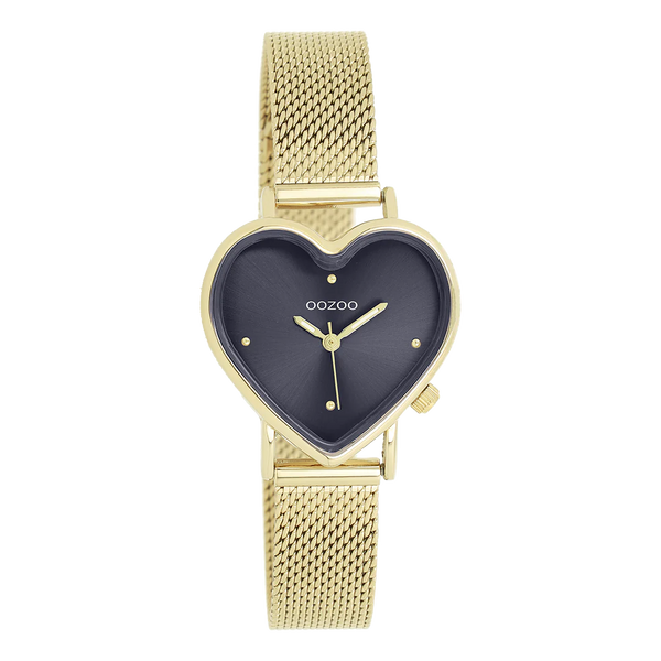 goudkleurig hartvormig horloge met blauwe wijzerplaat van oozoo