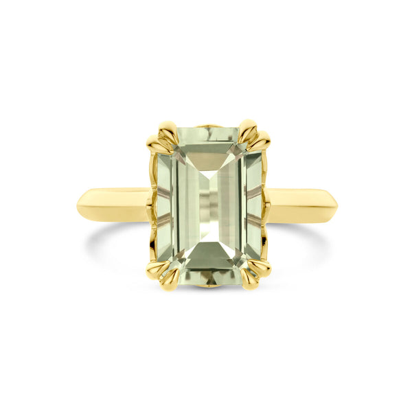 echt gouden ring met grote baguette geslepen groene amethist | 14 krt