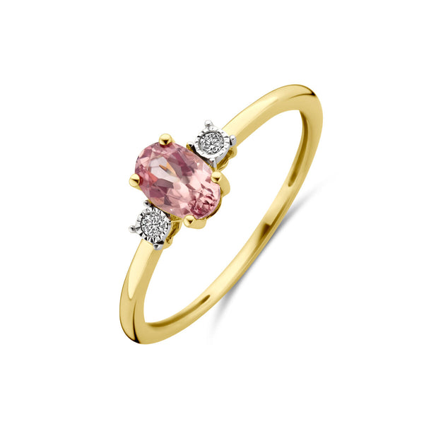 echt gouden ring met roze granaat en diamant | 14 krt geel goud
