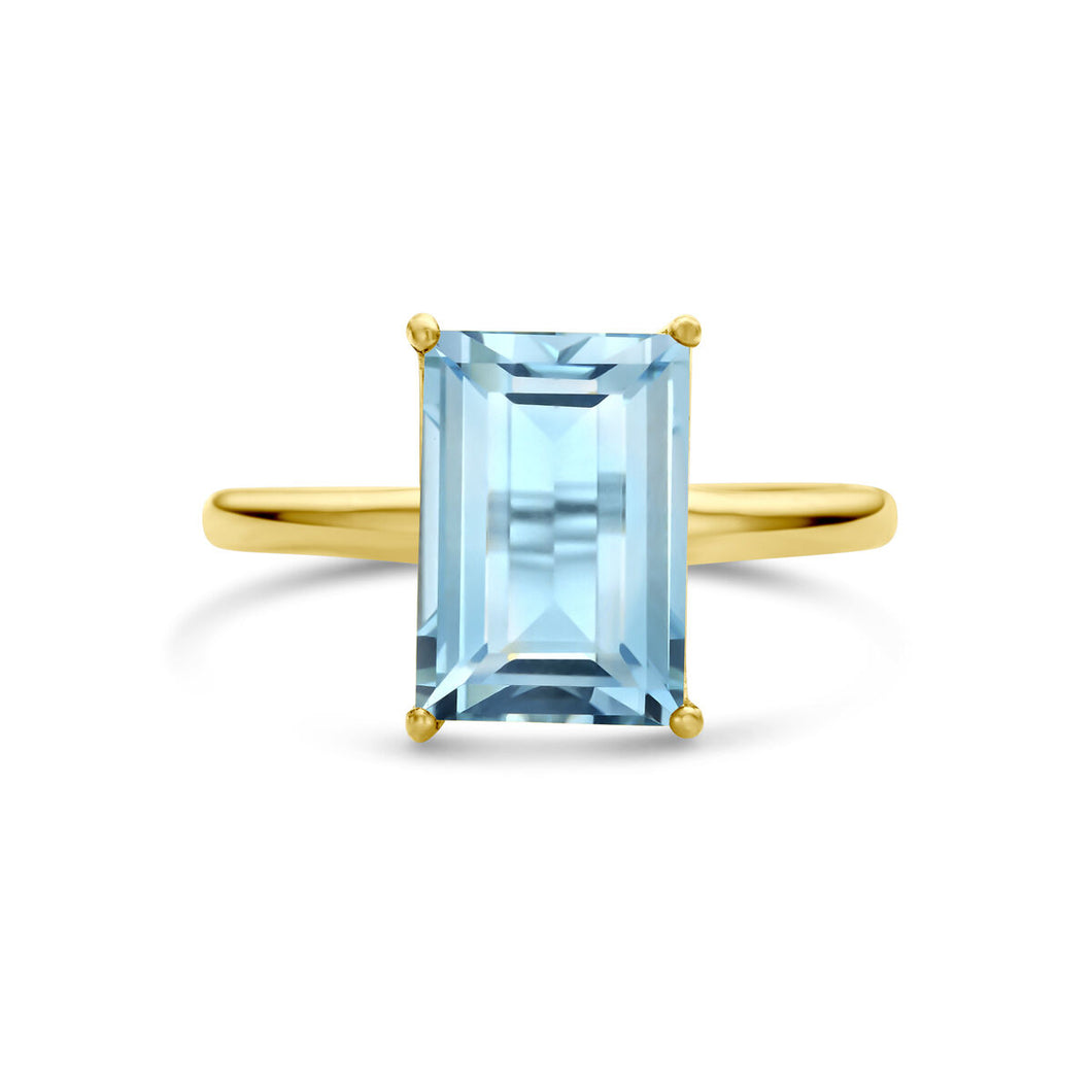 echt gouden ring met grote baguette geslepen blauwe topaas | 14 krt