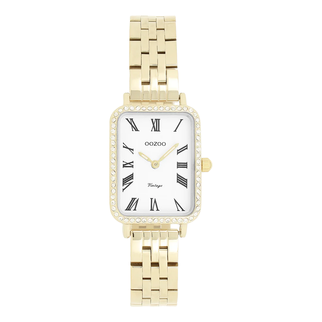 goudkleurig rechthoekige oozoo horloge met witte steentjes