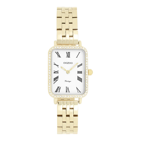 goudkleurig rechthoekige oozoo horloge met witte steentjes