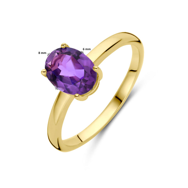echt gouden ring met ovale paarse amethist | 14 krt geel goud