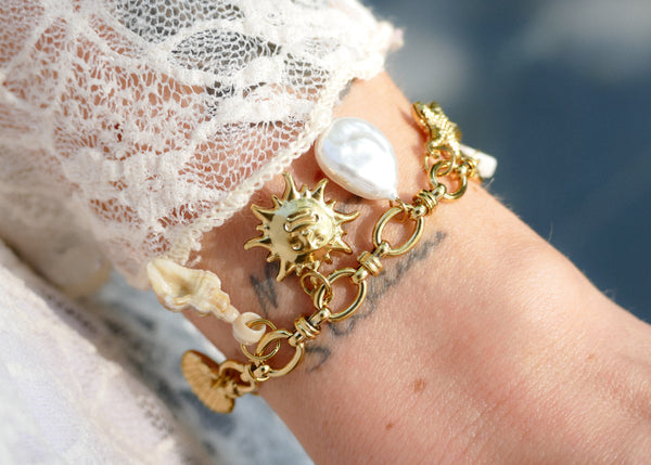 goudkleurige schakel armband met bedels 🌞 stainless steel