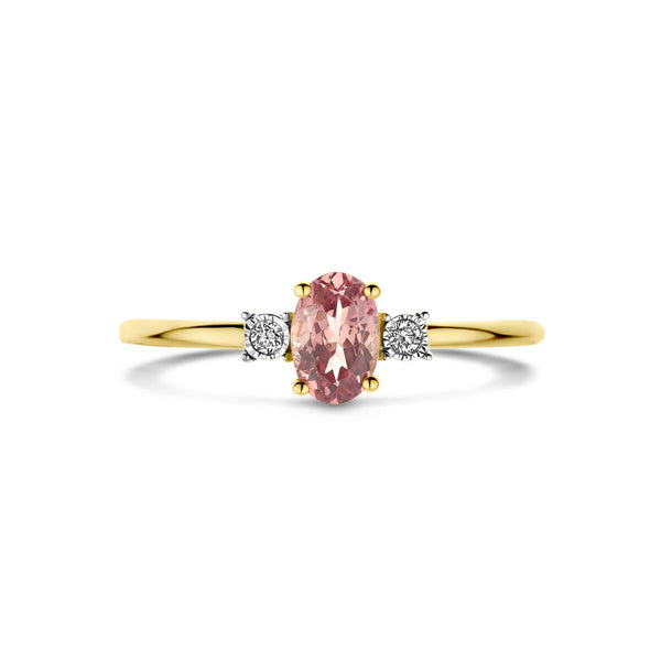 echt gouden ring met roze granaat en diamant | 14 krt geel goud