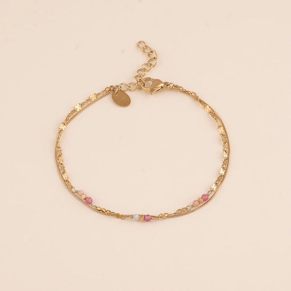 goudkleurige dubbele armband met roze mineralen | stainless steel