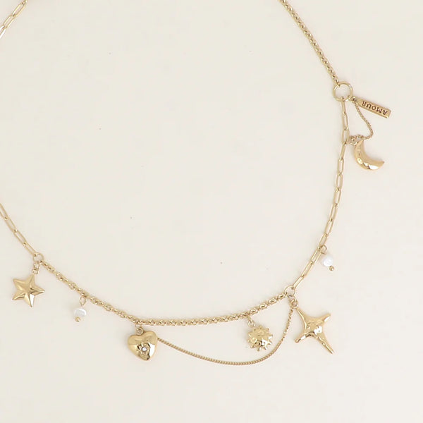 goudkleurig schakelcollier met bedeltjes 🌙 | stainless steel