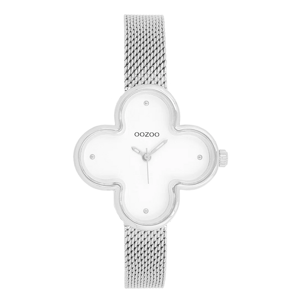 oozoo zilverkleurig klaver vier horloge met witte wijzerplaat