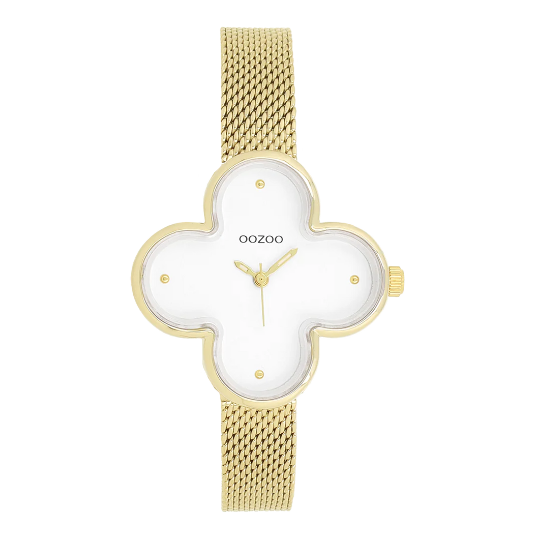 oozoo goudkleurig klaver vier horloge met witte wijzerplaat