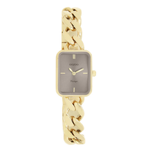 Afbeelding in Gallery-weergave laden, goudkleurig rechthoekig horloge met taupe wijzerplaat en grove schakelband | oozoo

