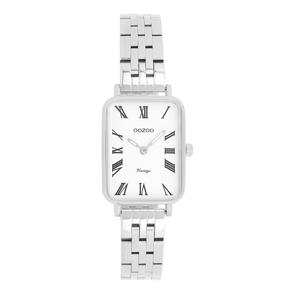zilverkleurig rechthoekig horloge met witte wijzerplaat en grove schakelband | oozoo
