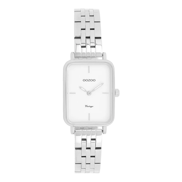 zilverkleurig rechthoekig horloge met witte wijzerplaat en grove schakelband | oozoo