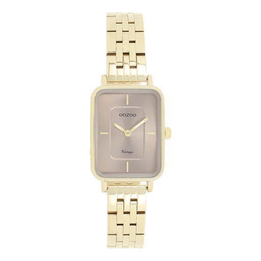 goudkleurig rechthoekig horloge met taupe wijzerplaat en grove schakelband | oozoo
