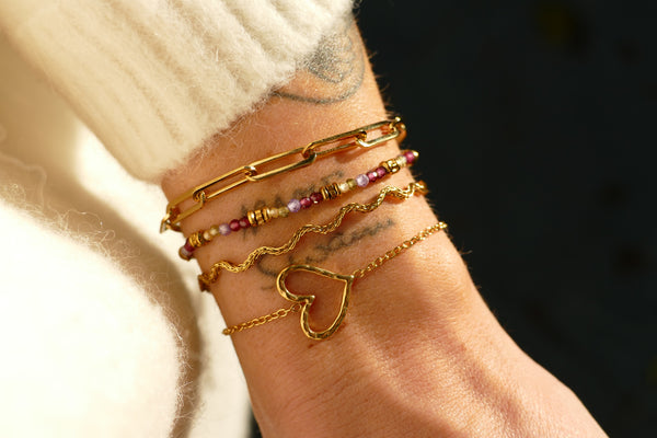 goudkleurige schakelarmband van paperclip schakels | stainless steel