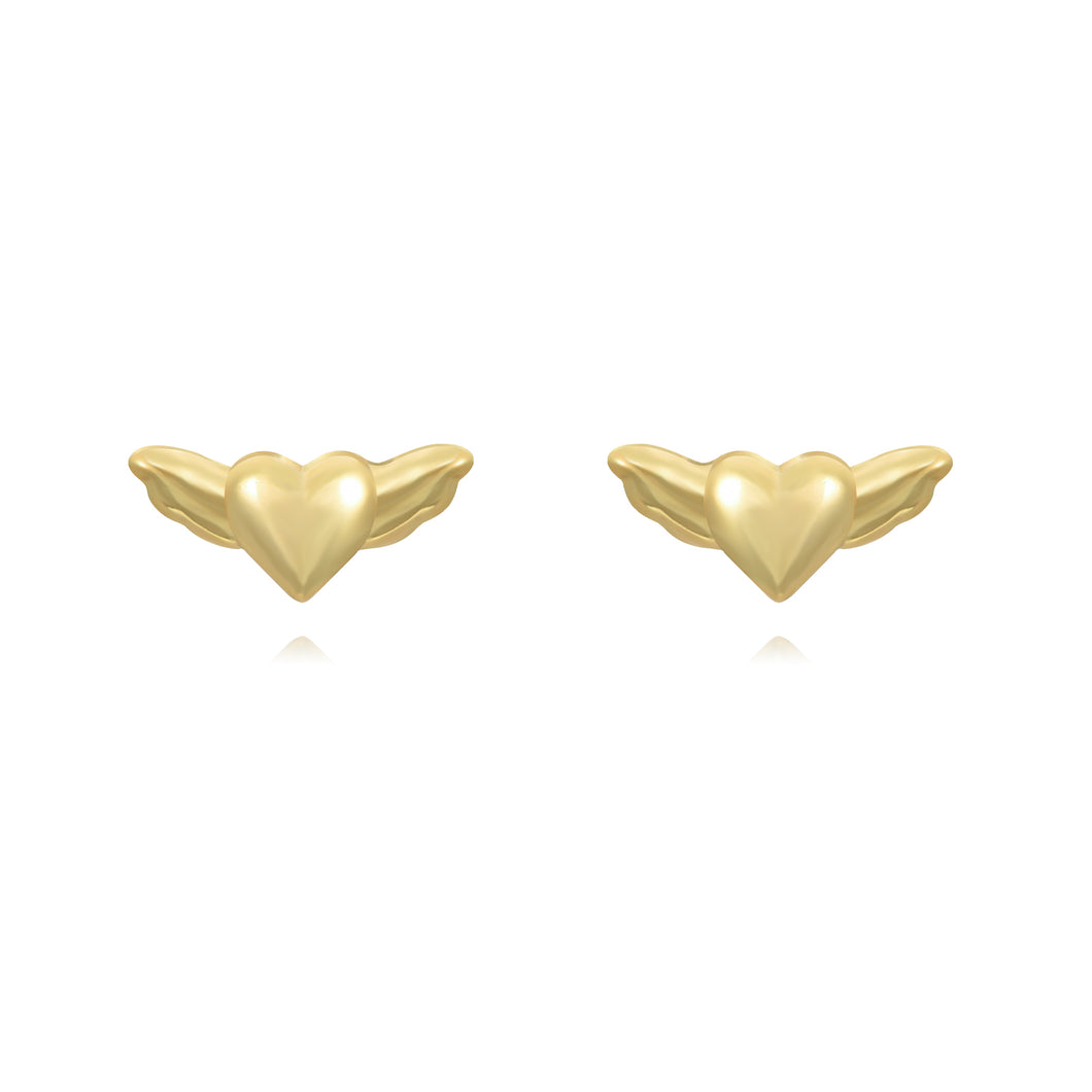 goudkleurige hartjes met vleugels oorknopjes | echt zilver + laagje goud