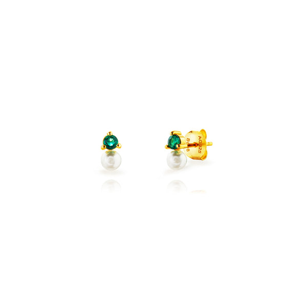 goudkleurige oorknopjes met groen steentje en parel | echt zilver + laagje goud