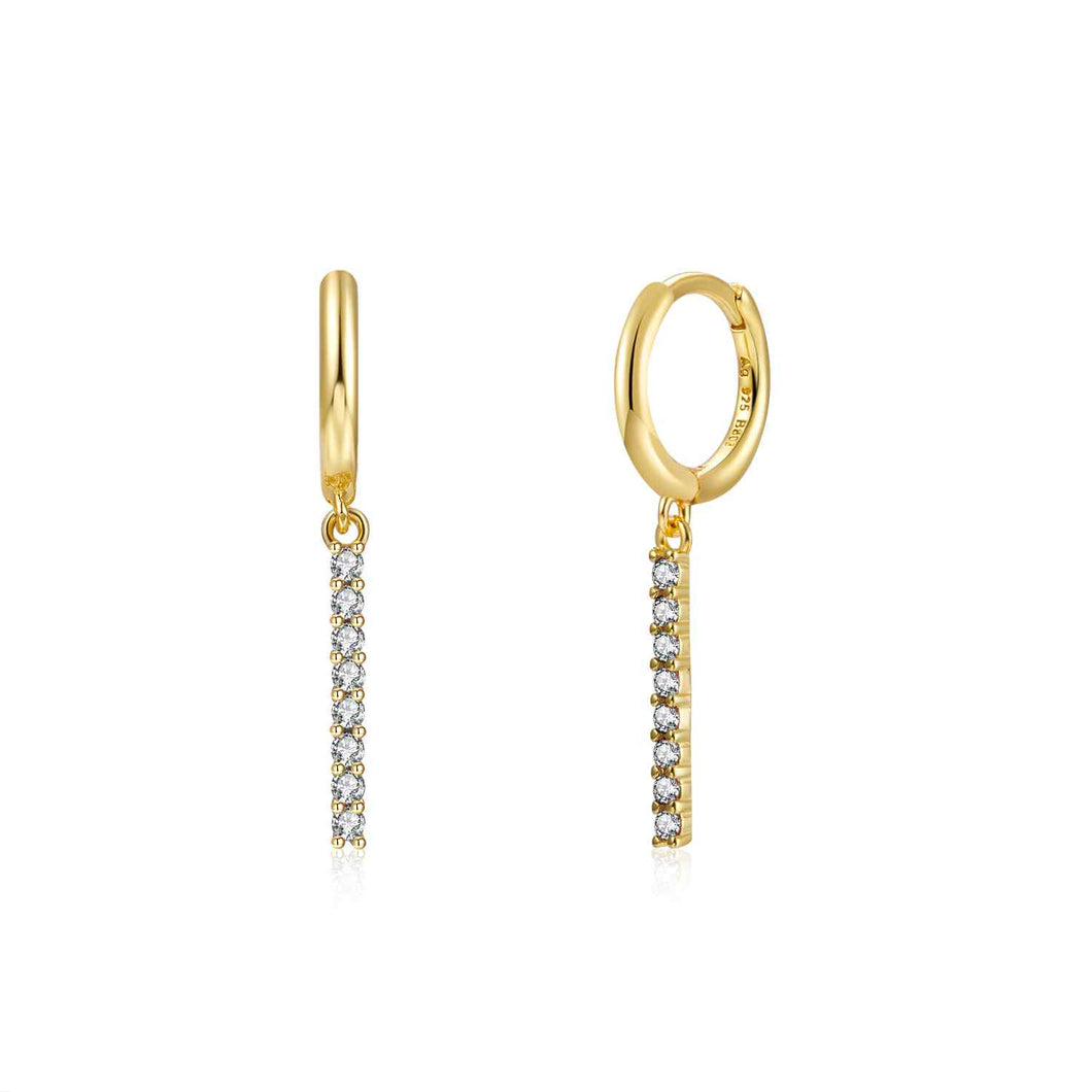 goudkleurige gladde oorringen met staafjes hangers + witte steentjes | echt zilver + laagje goud