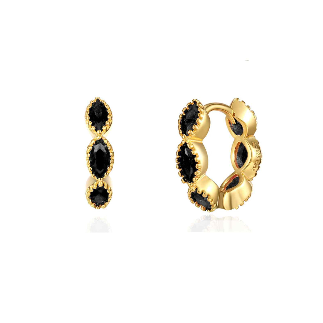 goudkleurige oorringen met zwarte ovale stenen| echt zilver + laagje goud | 14 mm