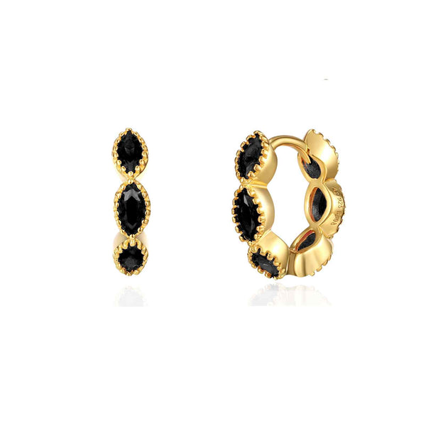 goudkleurige oorringen met zwarte ovale stenen| echt zilver + laagje goud | 14 mm
