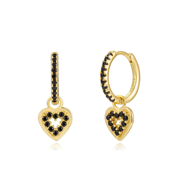 goudkleurige oorringen met zwarte hart hangertjes | echt zilver + laagje goud | 14 mm