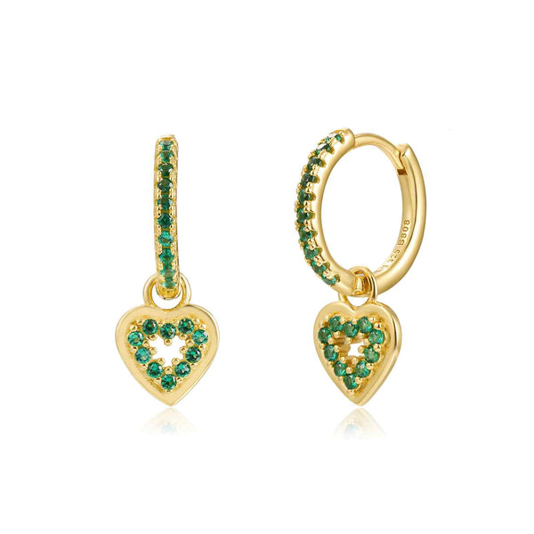 goudkleurige oorringen met groene hart hangertjes | echt zilver + laagje goud | 14 mm