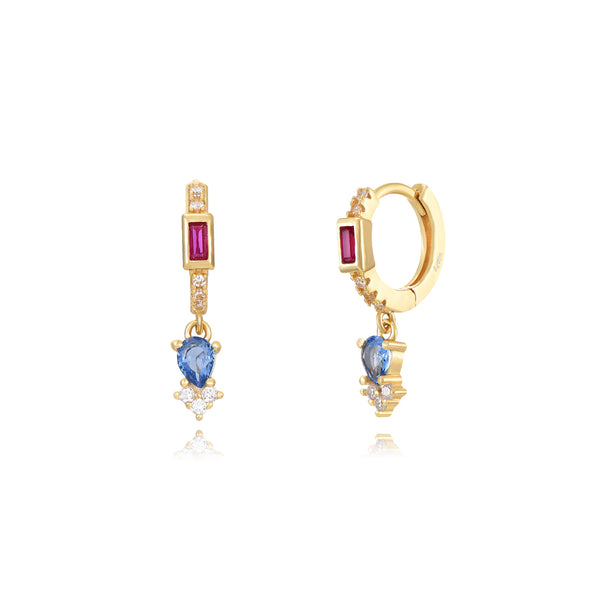 goudkleurige oorringen met licht blauwe en hard roze steentjes | echt zilver + laagje goud