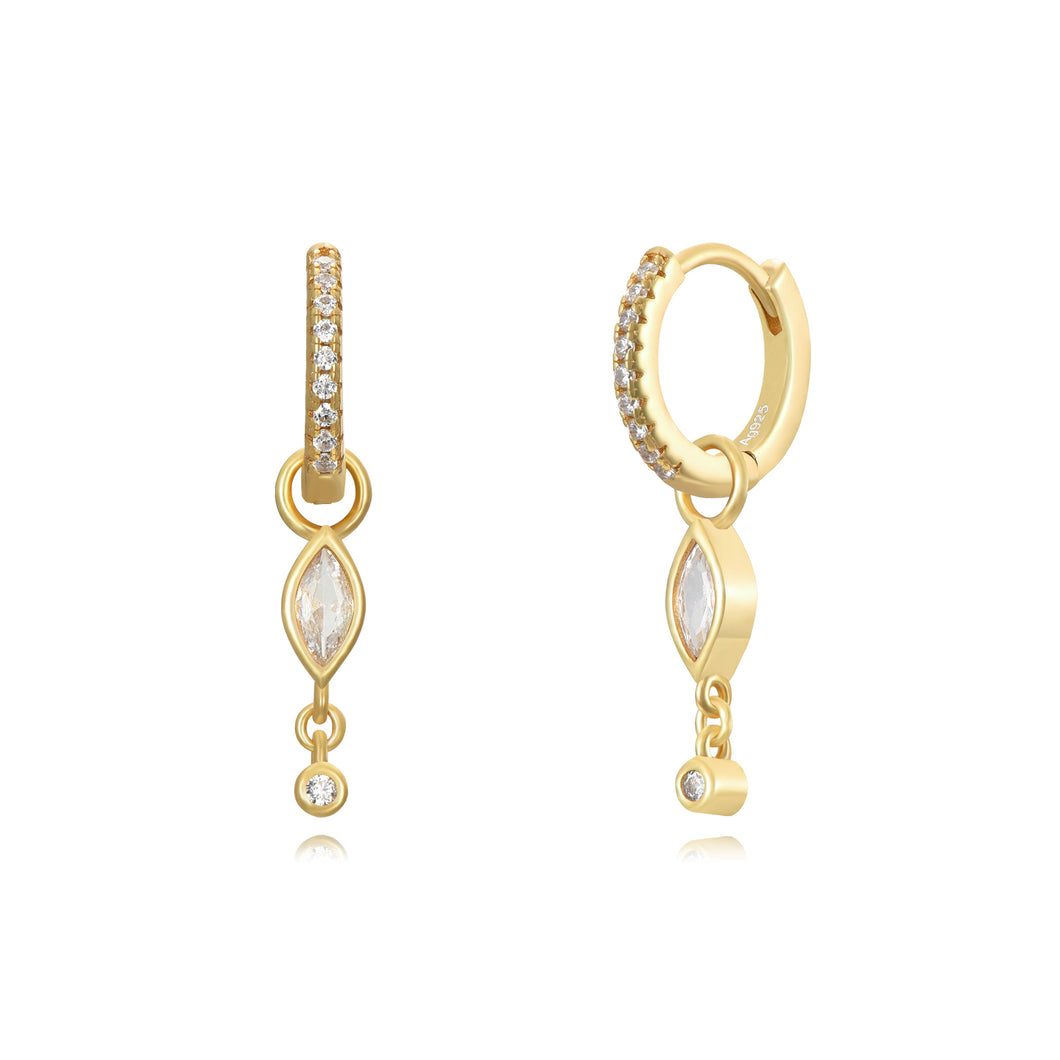 goudkleurige gladde oorringen met hangers + witte steentjes | echt zilver + laagje goud