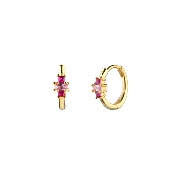verguld gouden oorringen met fel roze steentjes | 12 mm