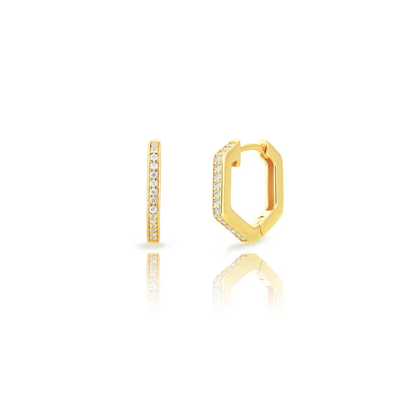 verguld gouden hoekige oorringen met witte steentjes  | echt zilver + laagje goud | medium maat